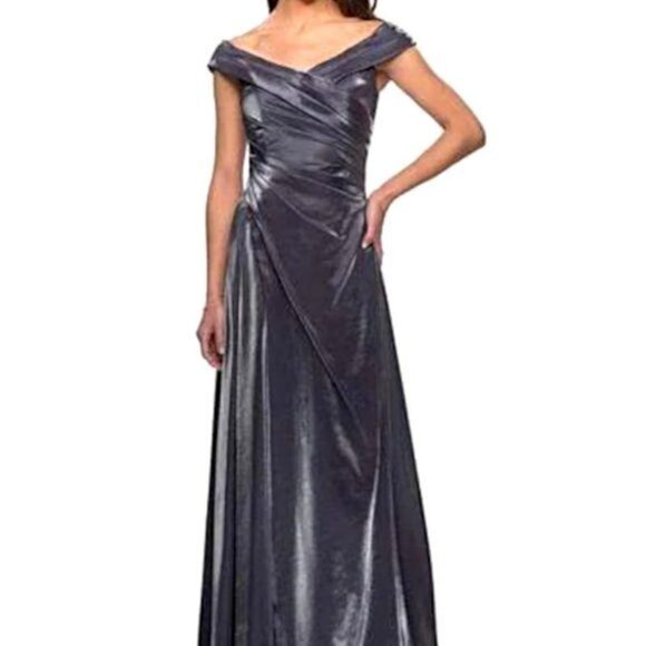 La Femme Runched Satin Trumpet Gown Gunmetal #27846 New with Tag - Picture 3 of 9